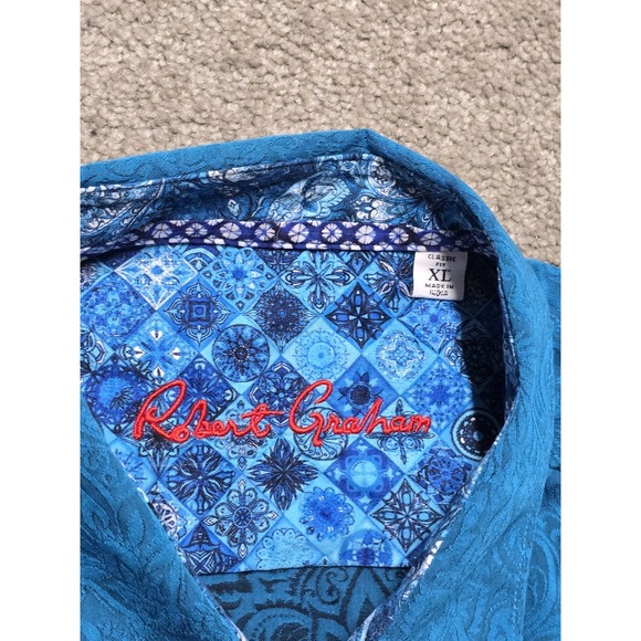 Robert Graham Mens XL Shirt S/S Blue Demask Geometric Paisley Floral Flip‎ Cuff - Picture 5 of 14